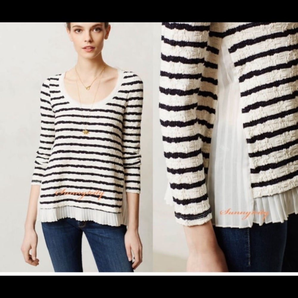 Postmark Anthropologie Large Walkwrite Navy White Stripe Textured Ruffle Sweater